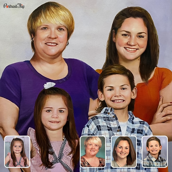 Compilation picture where two women are standing behind a young boy and a girl